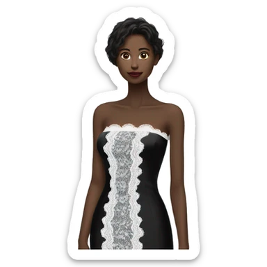 Realistic isolated black silk strapless straight dress straight neck with minimal white lace around chest sticker