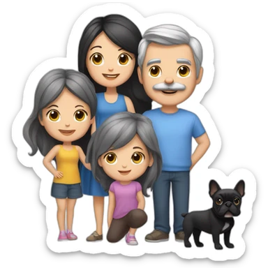 Family of four-dad-mum-with-grey-hair-and-two-brunettes-daughters-with-long-hair-and-just-one-black-French-bulldog sticker