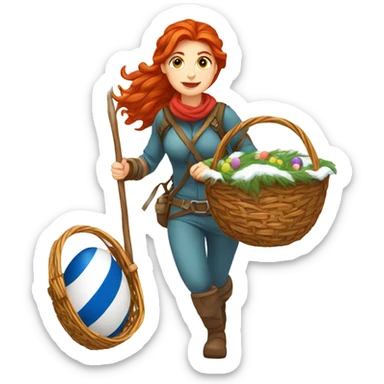 red hair female winter mountaineer climbing with Easter eggsbasket and Greek flag sticker