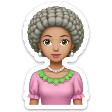 Pretty Brown woman with a very very short stylish gray Afro  wearing pink and green dress  and pearl blouse with sleeves sticker