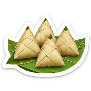 Dragon Boat Festival rice dumplings Zongzi wrapped in bamboo leaves, simplified emoji style with bold outlines and bright colors, cartoon style traditional pyramid-shaped food sticker