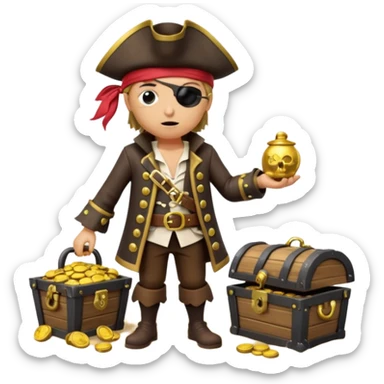 A 3D cartoon pirate character with one eye covered by a black eye patch, holding a treasure chest filled with gold coins and jewels, standing on sandy ground, wearing a pirate hat and coat, warm sunset lighting, realistic Memoji-style rendering. sticker