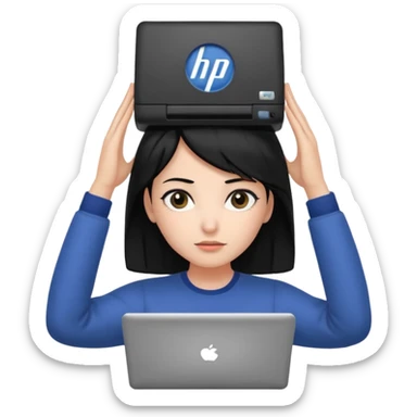 A girl is in front of an HP computer, holding it to her head, and her hair is black. sticker