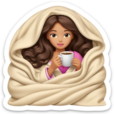 Barbie girl with a long wavy dark brown hair inside a cream blanket sipping coffee eyes closed sticker