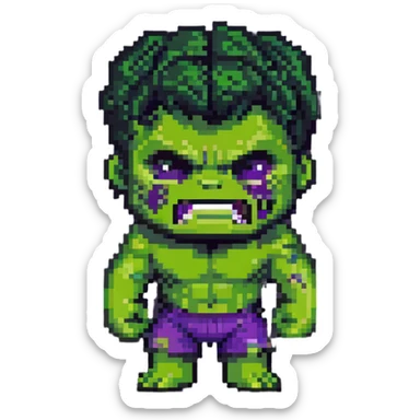 chibi version of Hulk from Marvel, exaggerated head, green skin, purple shorts sticker