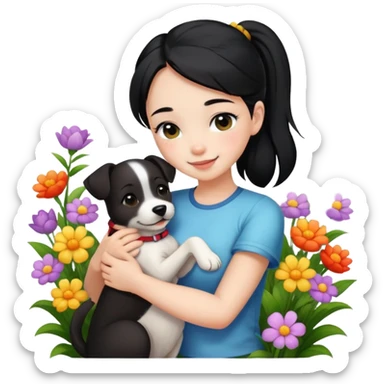 A beautiful girl with black ponytail and wearing short sleeves happily hugs a dog in the flowers sticker