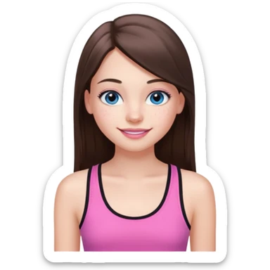 Create a teenage girl with long and straight brunette hair, light skin, light freckles, and blue-grey eyes. She will have pink lips and long black eyelashes. She will be wearing a pink tank top. sticker