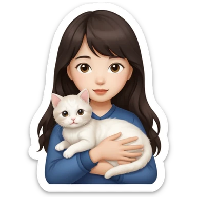 Asain girl with long wavy dark brown hair and bangs carrying a white kitten  sticker