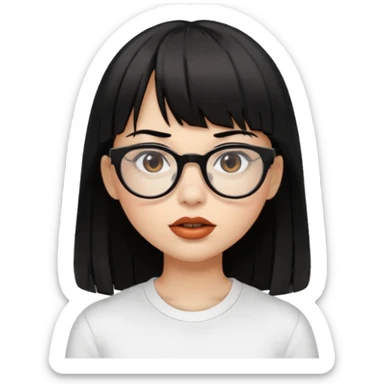 uma mulher snapchat icon, cor da pele normal, cabelo preto liso solto médio com franja, óculos pretos, piercing na boca e nariz, olhos castanhos, camisa branca sticker