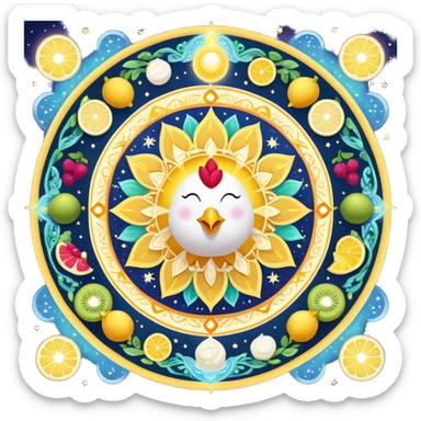 Celestial fitness mandala with magical water and lemon at center, surrounded by orbiting enchanted elements: radiant sun, glowing chicken and rice, sparkling gym weights, ethereal yogurt, twinkling fruits, and mystical sleep moon, all connected by cosmic energy flows and starry aura sticker