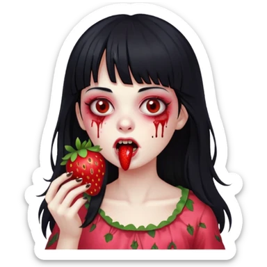 Girly girl, zombie, black hair, bang, cabelo longo e um comendo um morango sticker