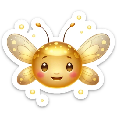 Cinematic tiny glowing firefly, round and chubby, soft golden light, tiny happy face, gentle floating motion, surrounded by dreamy sparkling dots. sticker