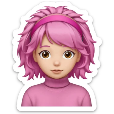 brown fluffy haired girl with pink turtleneck sweater and pink hair band sticker