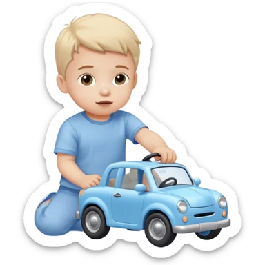 cute toddler boy with pastel blue clothes playing with a blue toy car sticker