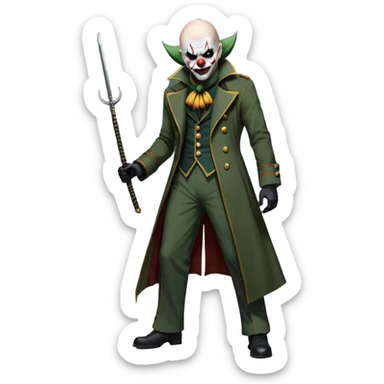 evil clown, bald, small black horns on forehead, fangs, pointed ears, eye patch over one eye, long coat over black and military green leisure suit with bellbottom pants, tail, holding a whip, no knife, realistically proportioned, less bulky, full body, battle-ready, fighting posture sticker