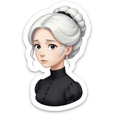 A Victorian woman with simple yet elegant coiffed white hair and light eyes wearing a modest unadorned monochrome black turtleneck mourning dress with puff sleeves looking down with a forlorn expression sticker
