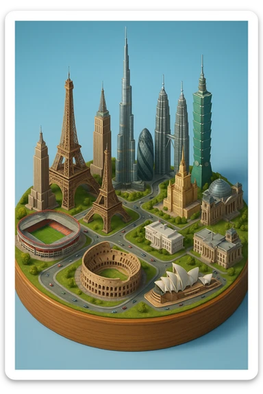 Оставь основу картинки - деревянную подставку, но при этом сгенерируй изометричная, яркая, детализированная и фотореалистичная иллюстрация где будет самые узнаваемые здания мира Эмпайр Стейт Билдинг, Эйфелева башня, Колизей, Сиднейская опера, стадион Сан-Сиро, Белый Дом Пизанская башня, здание МГУ, Бурдж-Халифа, Башни Петронас, Небоскрёб Фостера в Лондоне, Рейхстаг, Тайбэй. Здания не должны повторять и должны быть на картинке в единственном экземпляре sticker