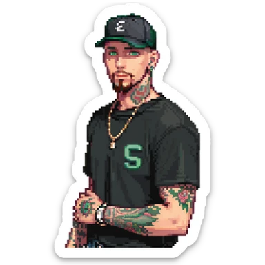 a man with a shaved head, goatee, pierced ear, and green eyes, wearing a black baseball cap, black shirt, jeans, and tattoos on one arm, in a pixel art style sticker