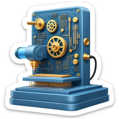 An icon featuring a giant machine soldering a huge microchip, symbolizing engineering. The design includes mechanical gears, circuit boards, and a blueprint, representing the precision and innovation in designing and building technology. Transparent background highlights the art of engineering sticker
