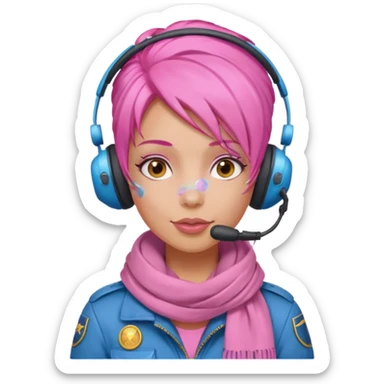 Jet Queen Mia – bubble-gum-hair pilot wearing a headset and pink scarf sticker