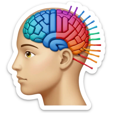 Un cerebro dividido a la mitad; el lado izquierdo está formado por puntos y ceros (0101), y el lado derecho por manchas de pintura de colores vibrantes. sticker