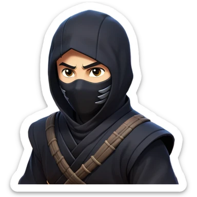 clash-of-clans-aesthetic_-cinematic-mysterious-male-ninja-portrait-emoji, rendered in a flat, vector-style with minimal shading and bold, simplified shapes, with a head slightly turned revealing intense, focused eyes, perched crouched next to an agile trained panther with glossy fur moving silently through shadowed urban rooftops and moonlit alleyways. sticker
