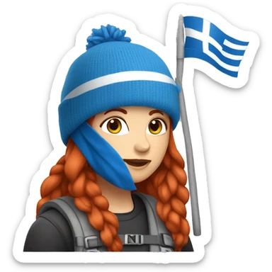 female mountaineer red hair blue beenie with easter egg and greek flag  sticker