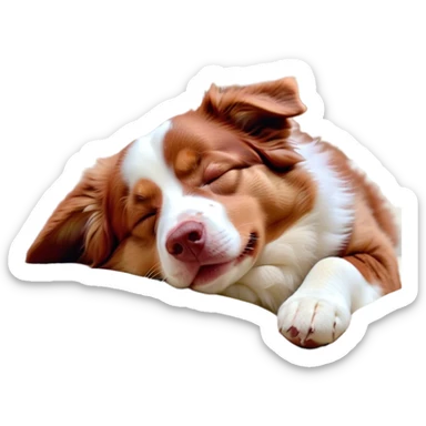 Cinematic Meme-Worthy Chubby Sleeping Red and White Merle Australian Shepherd Portrait Emoji, Head resting peacefully with a contented smile, showcasing a delightfully chubby build and a luxuriously soft red and white merle coat, eyes shut in a serene nap, Simplified yet hilariously adorable features, highly detailed, glowing with a soft, drowsy light, high shine, relaxed and utterly lovable, stylized with an air of playful laziness, bright and heartwarming, soft glowing outline, capturing the essence of a comically sleepy Red and White Merle Australian Shepherd, so meme-worthy it feels like it could instantly become the next viral sensation of adorable slumber! sticker
