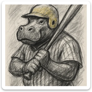 hippo holding a baseball bat, wearing a yellow helmet, pinstripes outfit sticker