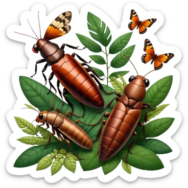 Close-up of giant Madagascar hissing cockroaches, butterflies, and stick insects in their natural habitat. The insects are shown in detail, highlighting their unique textures and colors, surrounded by plants and leaves. Soft lighting to enhance their features. Transparent background. sticker