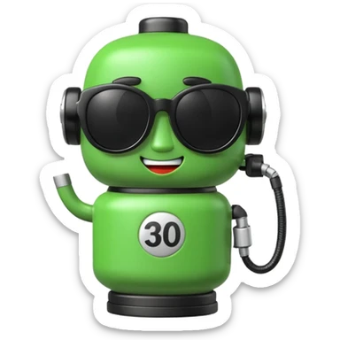 A cute 3D icon of a green gas pump character wearing oversized black sunglasses. Round and chubby proportions, glossy toy-like texture, soft pastel lighting, friendly expression, smooth edges, high-quality render, isolated on a transparent background. sticker