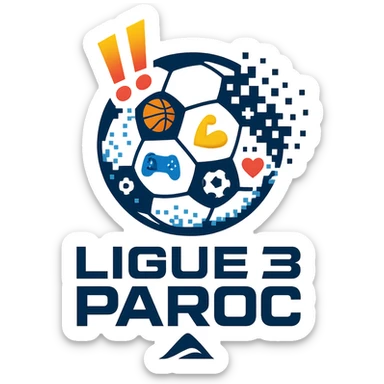 Le logo présente un ballon de football moderne, stylisé en forme de globe digital composé de petits pixels ou emojis sportifs, symbolisant l’alliance entre sport et numérique. Deux points d’exclamation "!!" dynamiques, en biais et colorés, sont placés en haut à gauche du ballon comme un emblème, évoquant l’intensité et l’enthousiasme de la ligue.

En dessous, le nom "Ligue 3 Paroc" est écrit en lettres audacieuses, avec une typographie sportive mais légèrement futuriste. Le mot "Paroc" est accompagné de son emblème discret (ex. : une petite montagne ou vague, selon l'identité visuelle de Paroc Sport). sticker