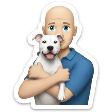 bald white man with blue eyes hugging fully grey pit bull sticker