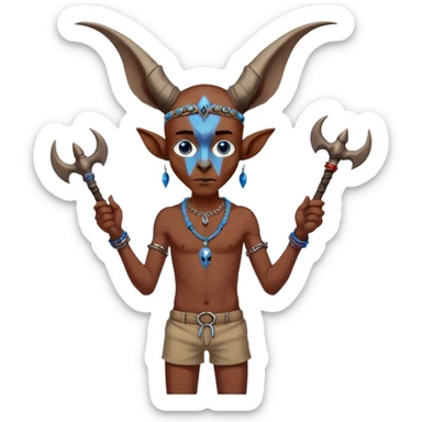 Red brownish figure with blue eyes a horn on his head long ears a skull necklace arms banded with something and a small bat with a band banded to the handle and the bottom being brown wearing a skinny brown short to cover his you know and but and long nails and long toenails sticker