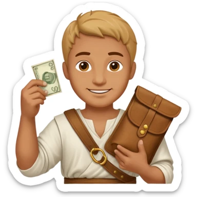 Emoji portrait of a Roman merchant. Loose-fitting clothes, holding a money pouch, cheerful expression. sticker