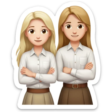 A boy in a white shirt and a girl with long hair in a skirt crossed their arms over their chests - with happy faces sticker