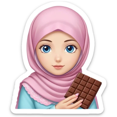 Turkish beautiful finish Konya girl blue eyes with pastel sakura hijab islamic dress and had on her hand Dubai chocolate  sticker