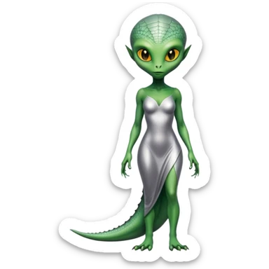 Green Alien reptilian woman in silver dress, full figure, yellow eyes, no tail sticker