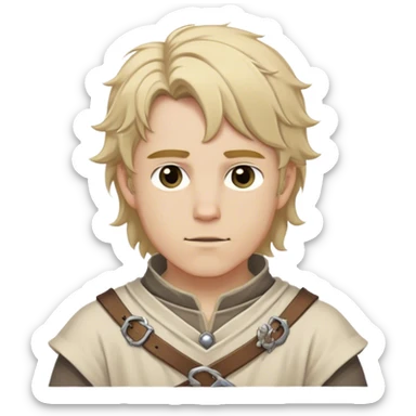 Medieval spring outfit worn by a DnD themed fantasy male character. Oatmeal-colored cotton tunic with pewter buttons at the collar, wrapped with a wide woven belt in earth tones. Clothes only above the waist, full waist coverage. The character has no arms. Character is white-skinned with sandy blonde hair, stormy gray eyes, and medium-length tousled hair. sticker