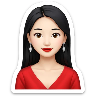 30 yr old asian woman, middle parted straight long black hair, very pretty, fancy dress, earings, red lipstick, silver earings sticker