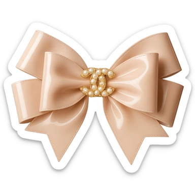 Add a solid black background behind the elegant bow with pearls and gold Chanel logo, glossy, pastel colors, realistic style with soft reflections and highlights on the bow and pearls. sticker