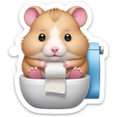 Cute chubby cartoon-style hamster sitting on toilet holding toilet paper looking as if he had an accident, sticker-style illustration sticker
