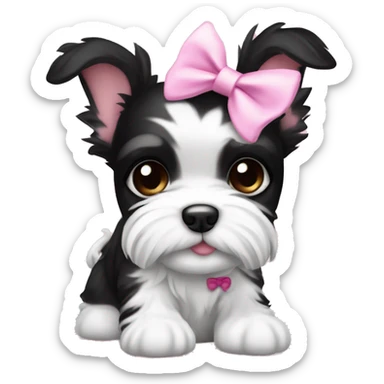 Black and white Biewer Terrier puppy with pink bow between ears  sticker