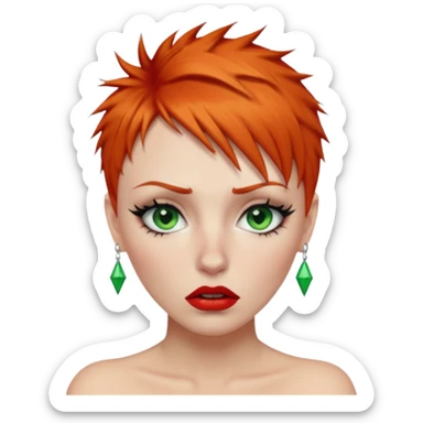 Short spikey Ginger hair, green eyes, black long eye lashes large red lips White woman lcrying sticker