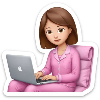 A brown hair, white skin woman at home with pink pajamas scrolling, with a laptop open to a work document looking laptop sticker