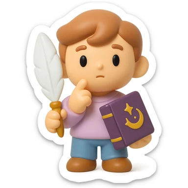 beginner author, holding a quill and a fantasy book, looking thoughtful, using a color palette of soft pastel colors with accents of gold and deep purple sticker