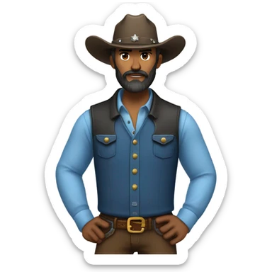a rugged cowboy with a thick beard, wearing a blue vest over a classic western shirt. He should have a confident stance, showing full torso sticker
