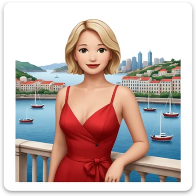 jennifer lawrence, red dress leaning on a balcony with a harbor and cityscape in the background, smiling, closeup sticker