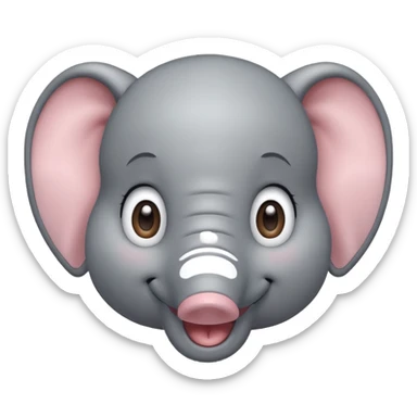 A cute, friendly cartoon elephant face smiling broadly. Big sparkling eyes, rosy cheeks, soft rounded shapes, pastel colors, children's book illustration style, heartwarming sticker