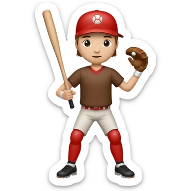 A wood sick that has a face, arms, and legs. Holding a bat sticker
